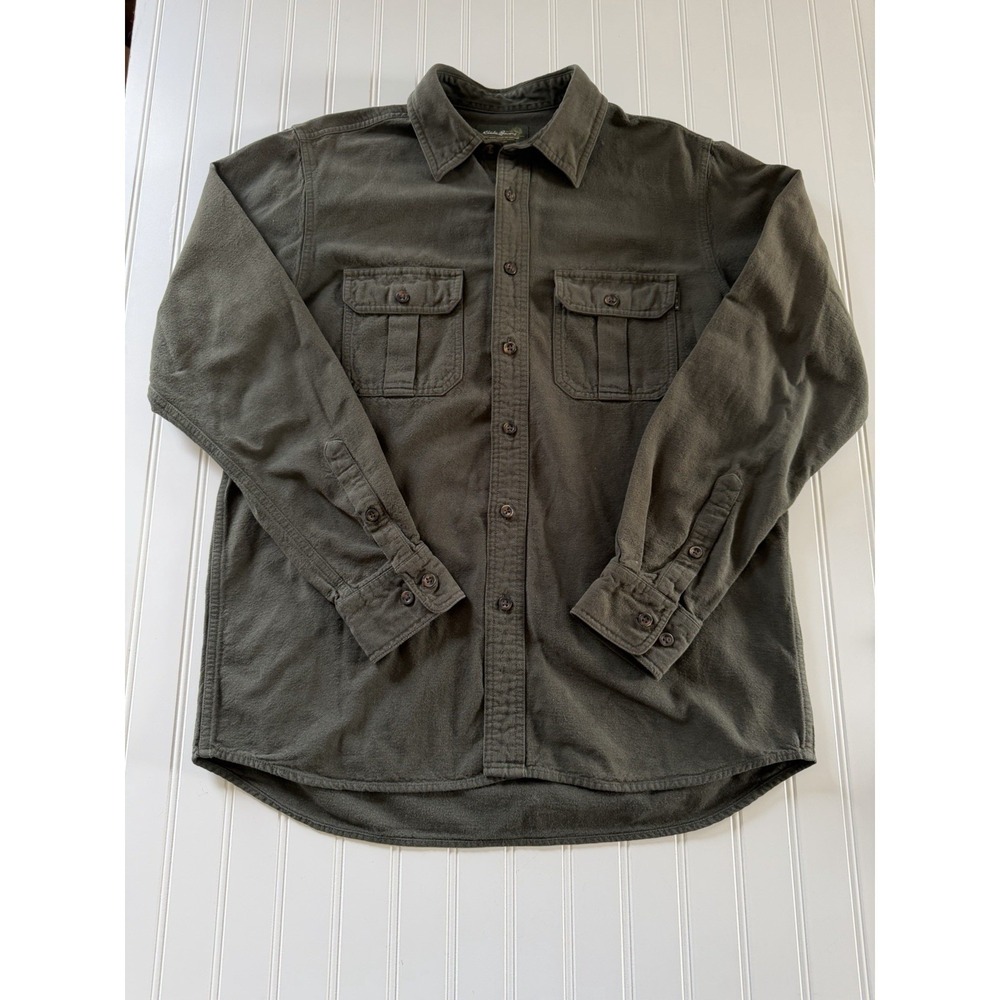 Eddie Bauer Mens Utility Shirt M Olive Green Cotton Button Up Pockets‎